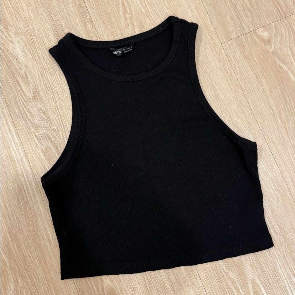 Black Rib High-Neck Crop Tank Top